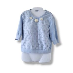 Korirl | Anthro | Cute Light Blue Floral Appliques Lacy 3/4 Sleeve Sweater